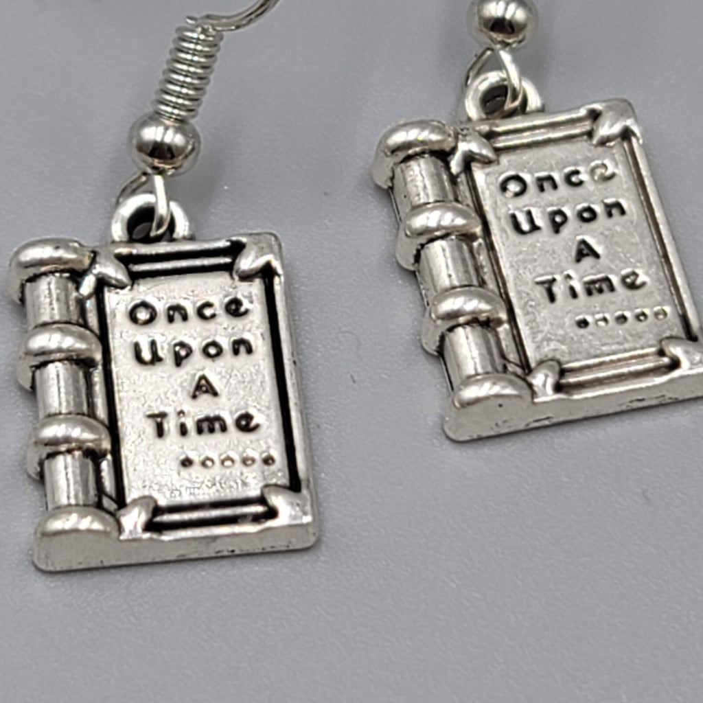 Book Pierced Earrings Once Upon a Time Silver tone Dangle NEW 5/8"