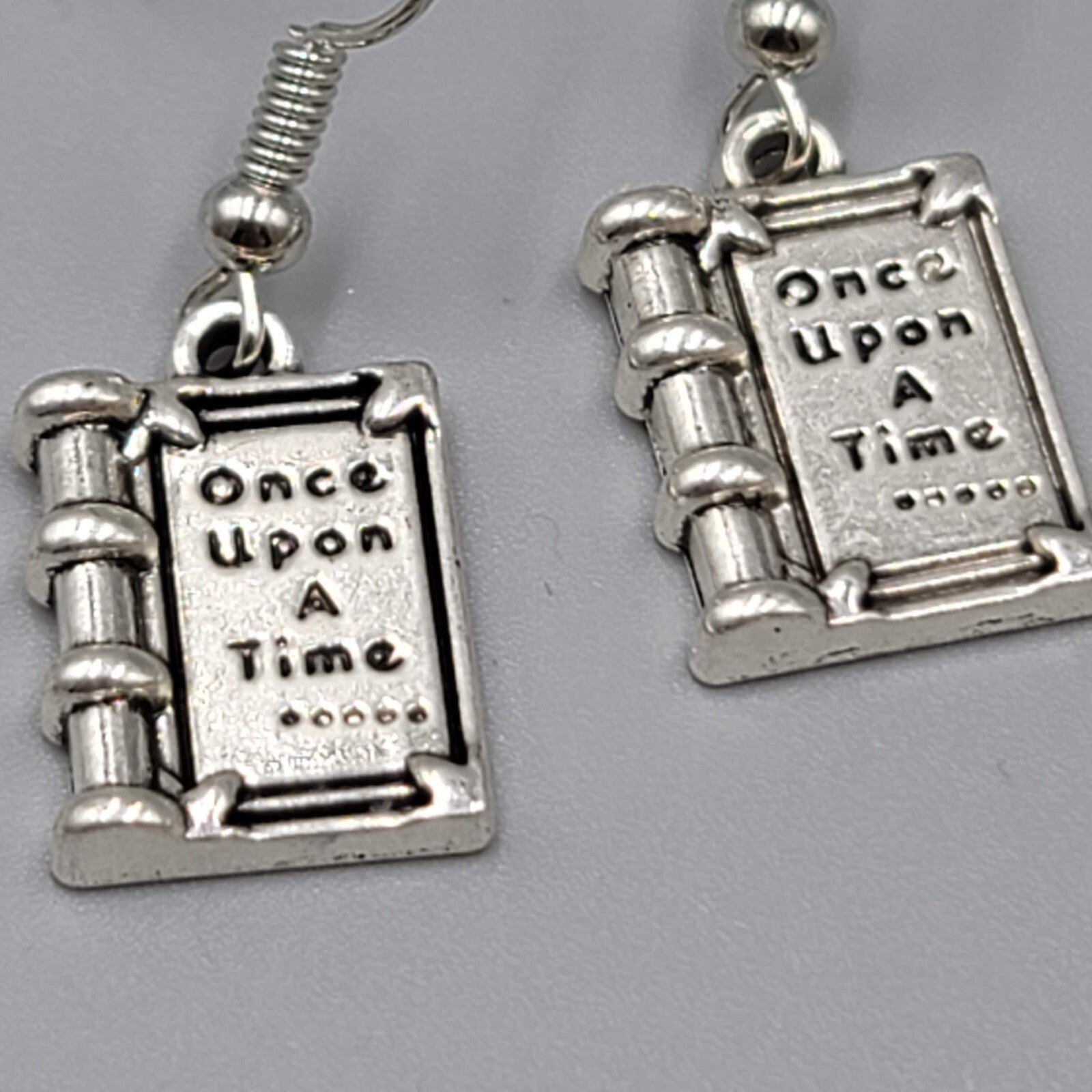 Book Pierced Earrings Once Upon a Time Silver tone Dangle NEW 5/8"