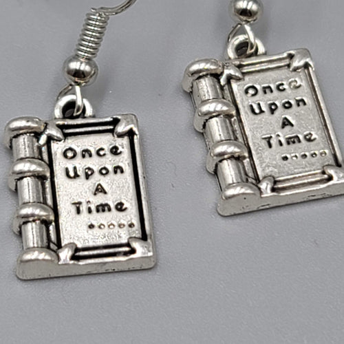 Book Pierced Earrings Once Upon a Time Silver tone Dangle NEW 5/8"