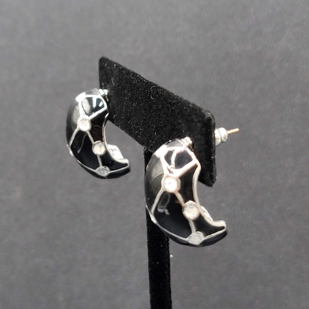 Vintage Pierced Earrings Black Enamel White Glitter Dots Half Hoops 7/8"