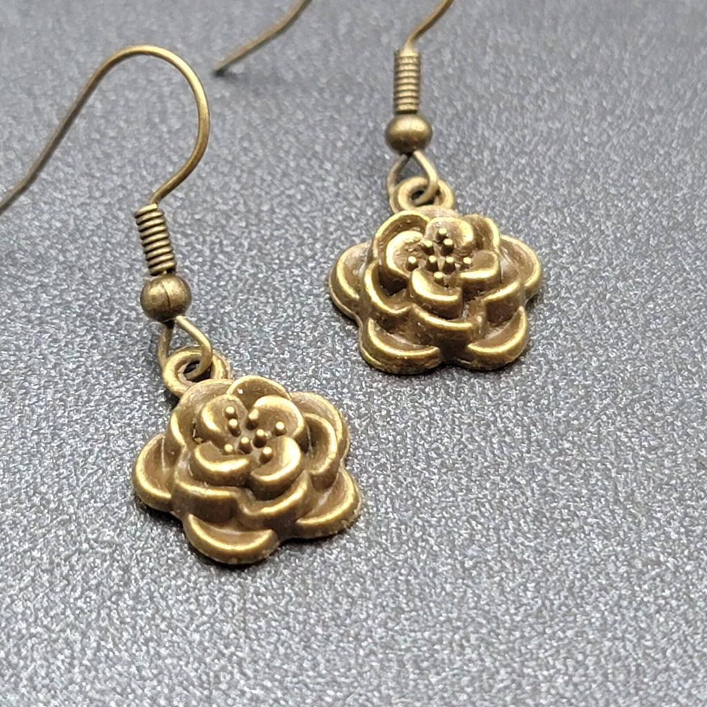 NEW Flower Pierced Earrings Bronze tone Embossed 3D Dangle 5/8"