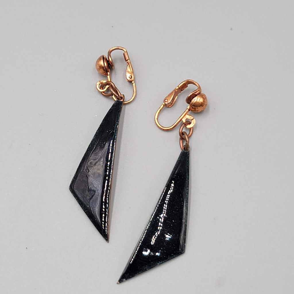 Vintage Clip on Earrings Copper Dark Blue Enamel Dangle 2"