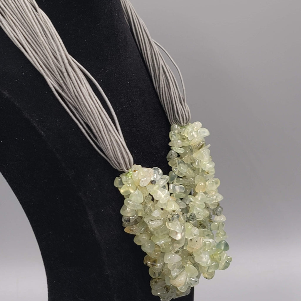 Artisan Light Green Stone Cluster Statement Necklace Multi Strand Gray Cord 20"