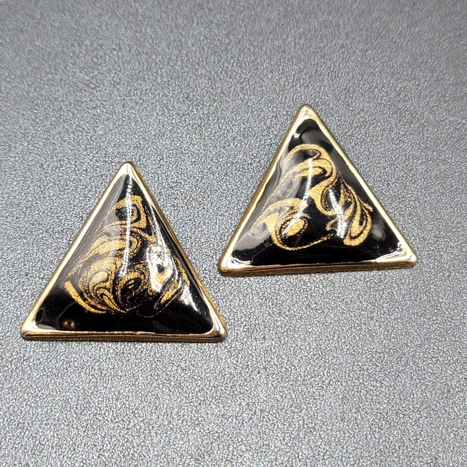 Vintage Clip on Earrings Black Gold Enamel Triangle Large Statement 1 3/8"