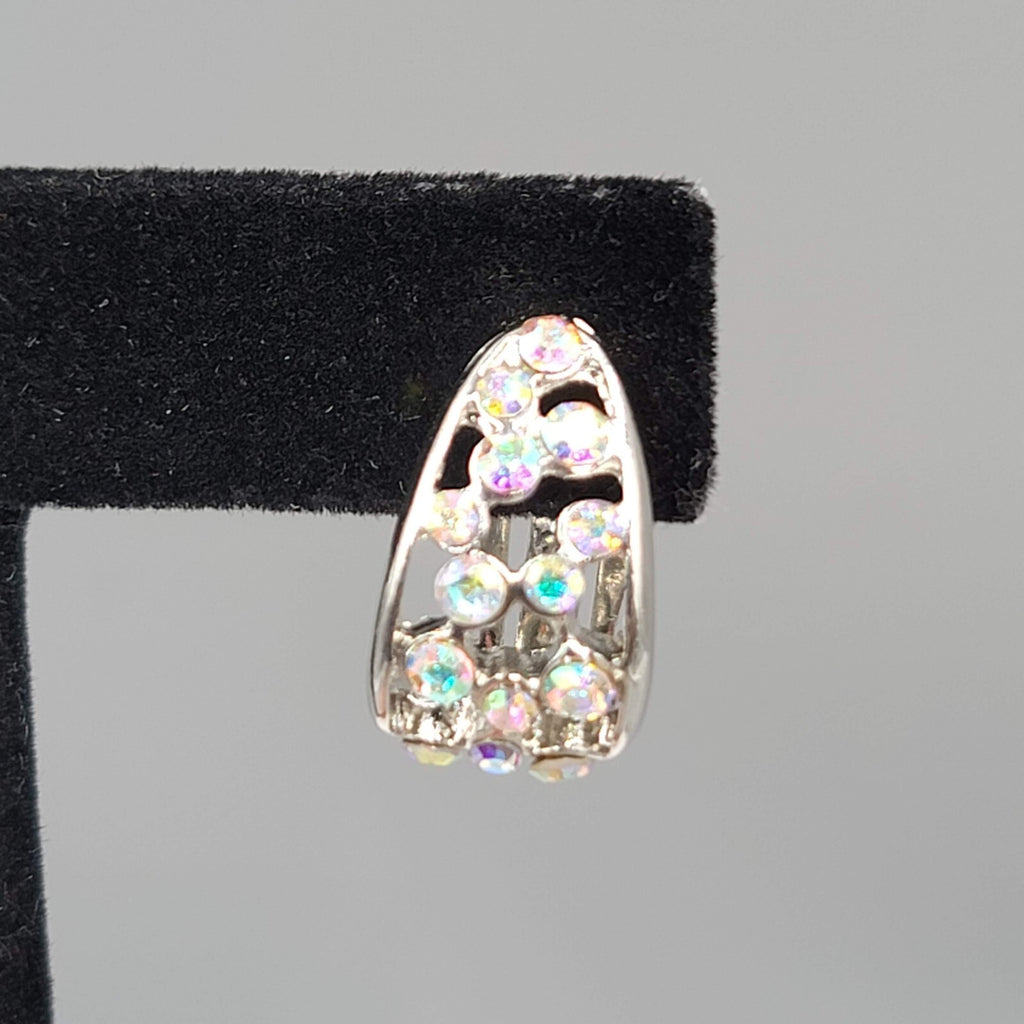 Clip on Earrings Silver tone AB Rhinestones Half Hoop Drop  3/4"