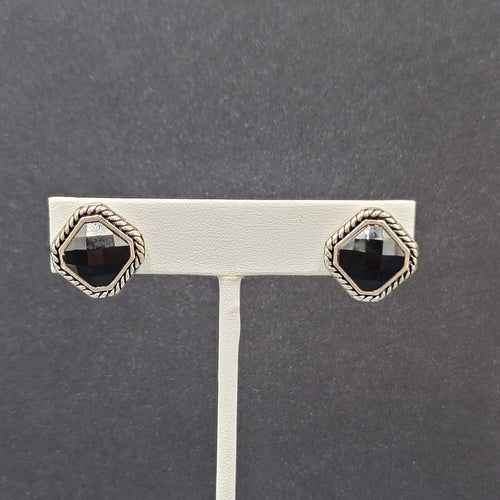 Clip on Earrings Silver tone Black Faceted Square Studs 5/8"