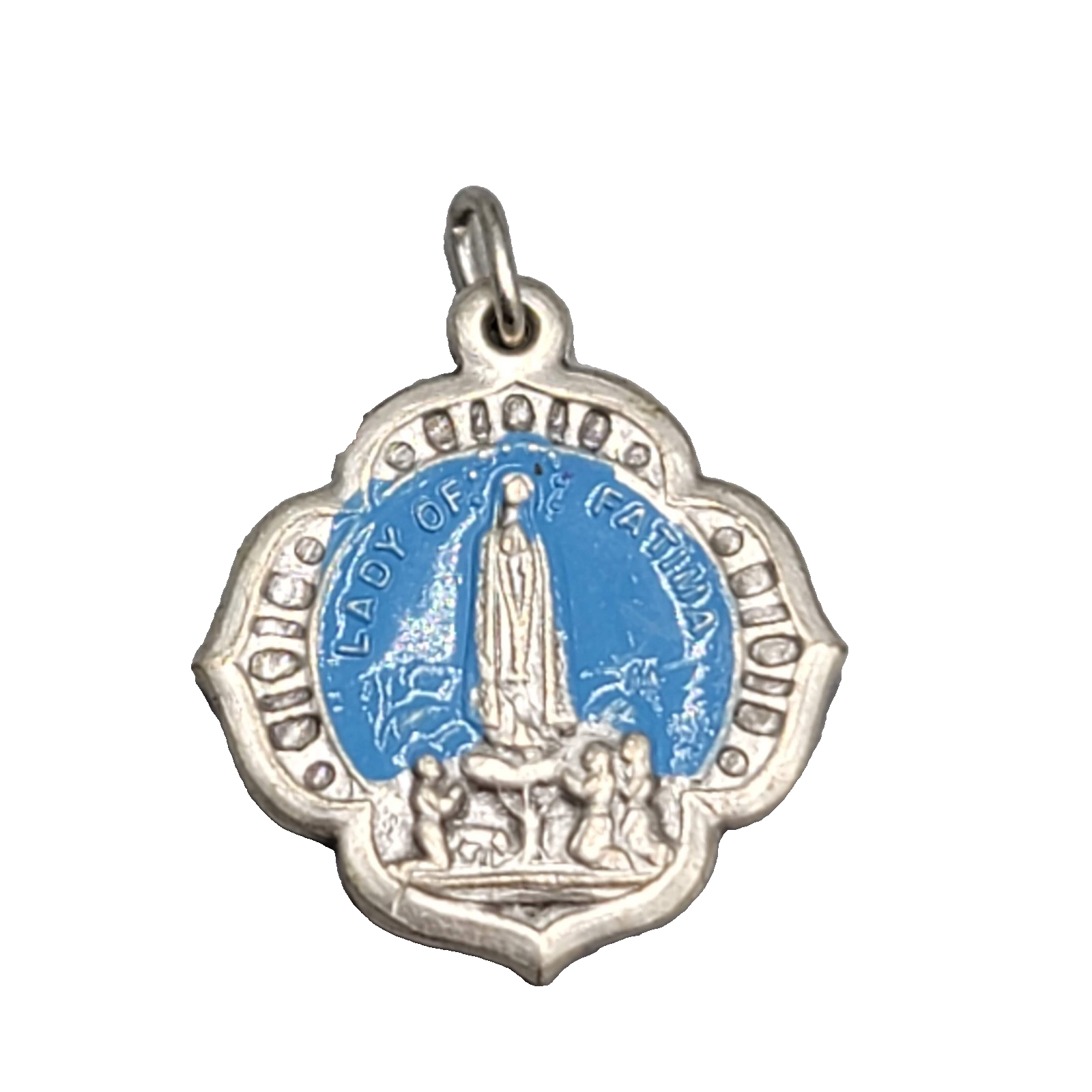Vintage Catholic Miraculous Mary Blue Enamel Religious Medal Italy 7/8"
