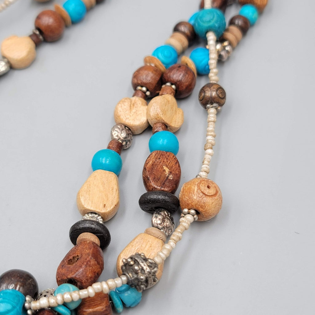 Stephan & Co Multi Strand Wooden Bead Necklace Silver Tone Boho Layered 18 Inch