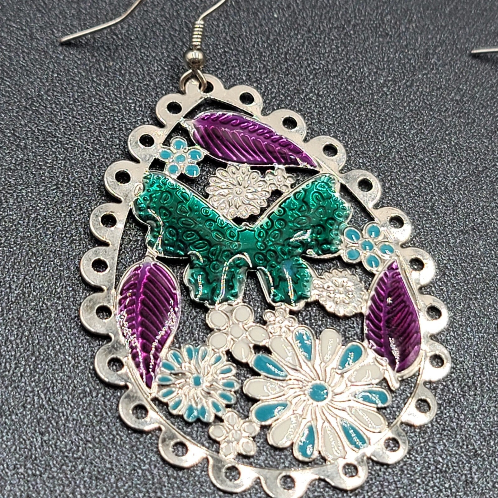 Pierced Earrings Large Silver tone Teardrop Butterfly Flowers Dangle 2.25"
