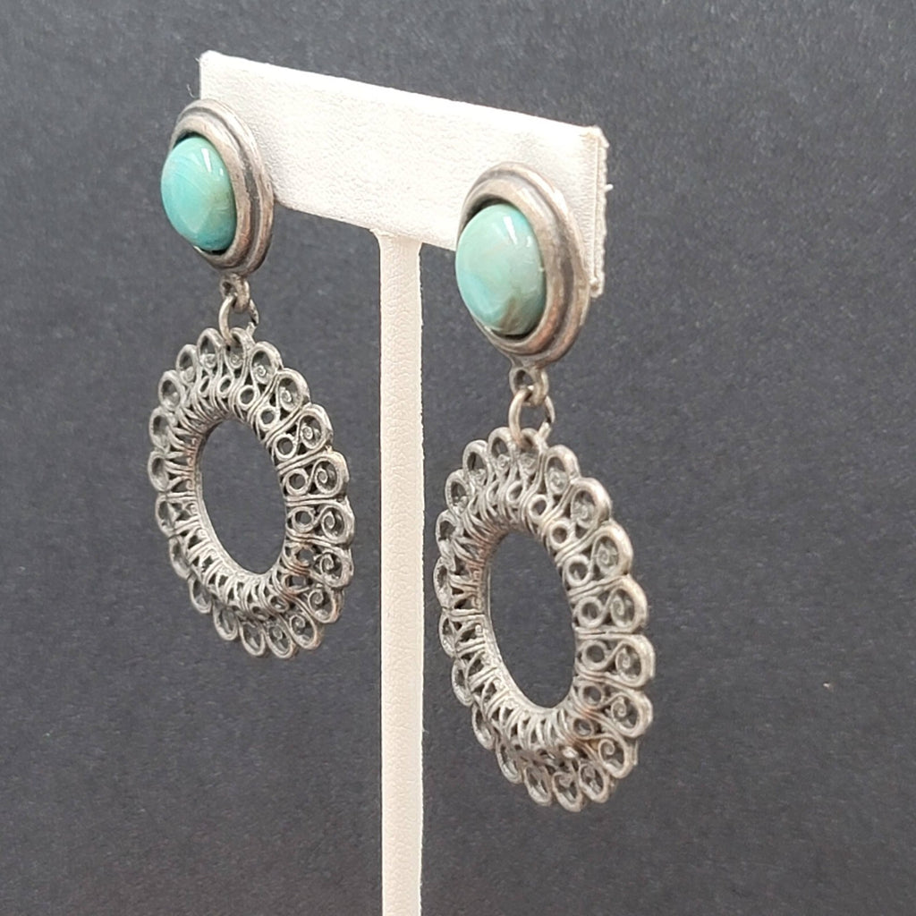 Pierced Earrings Silver tone Faux Acrylic Turquoise Dangle 2 3/8"