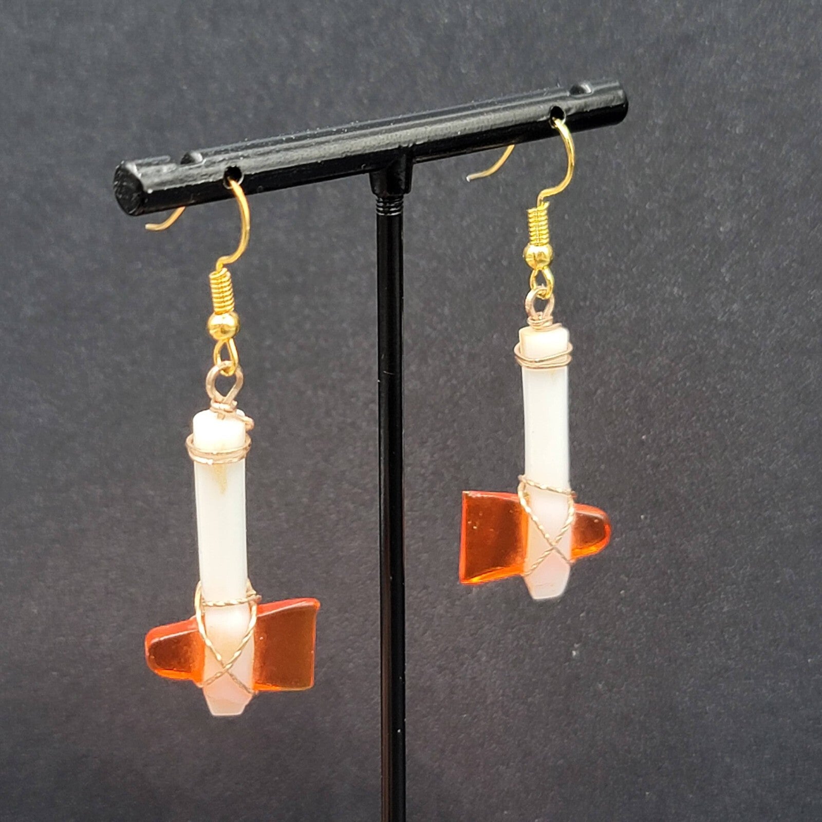 Vintage Pierced Earrings Plastic White Orange Hatchet Axe Dangle 1.25"