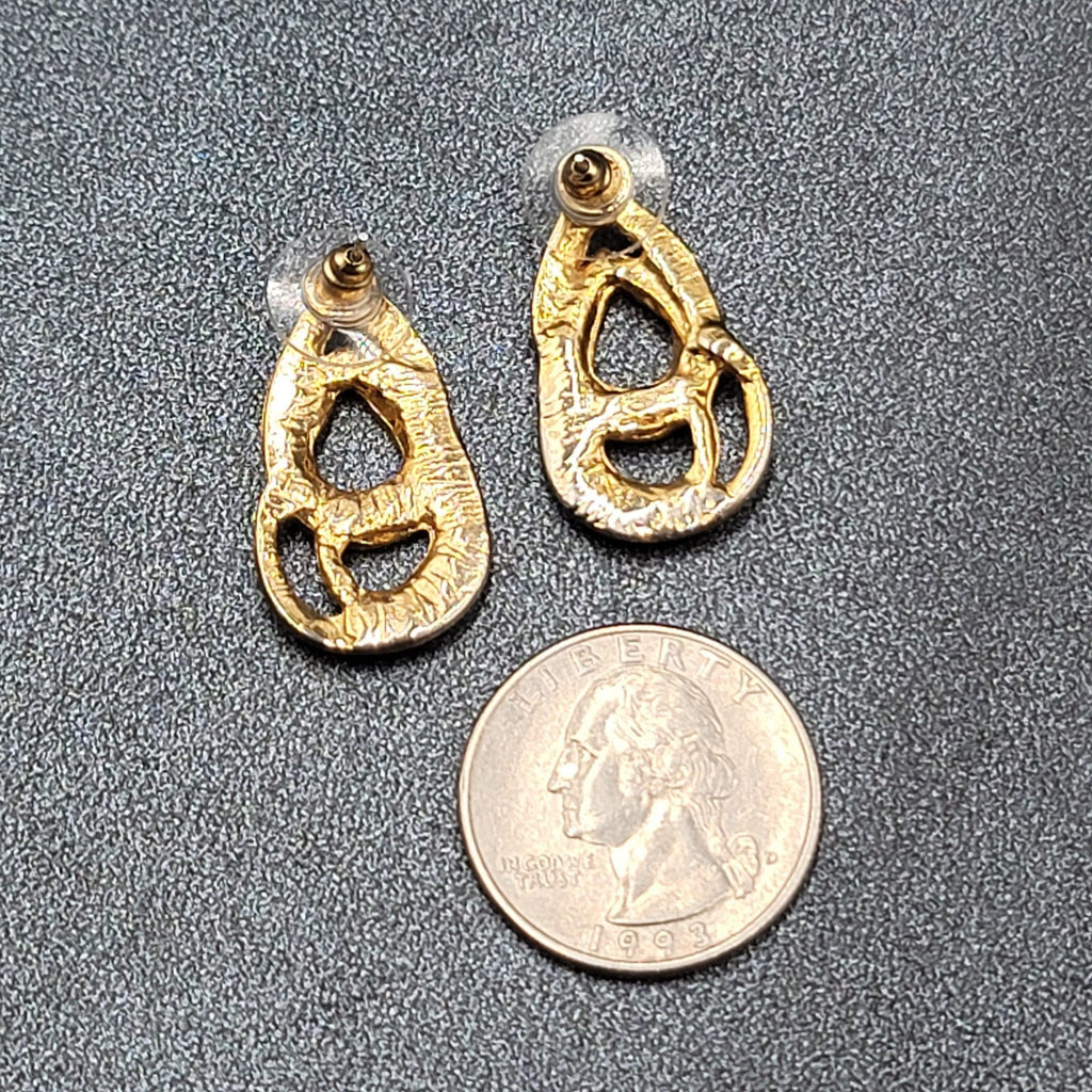 Vintage Pierced Earrings Black Cream Enamel Double Teardrop Drop 1"