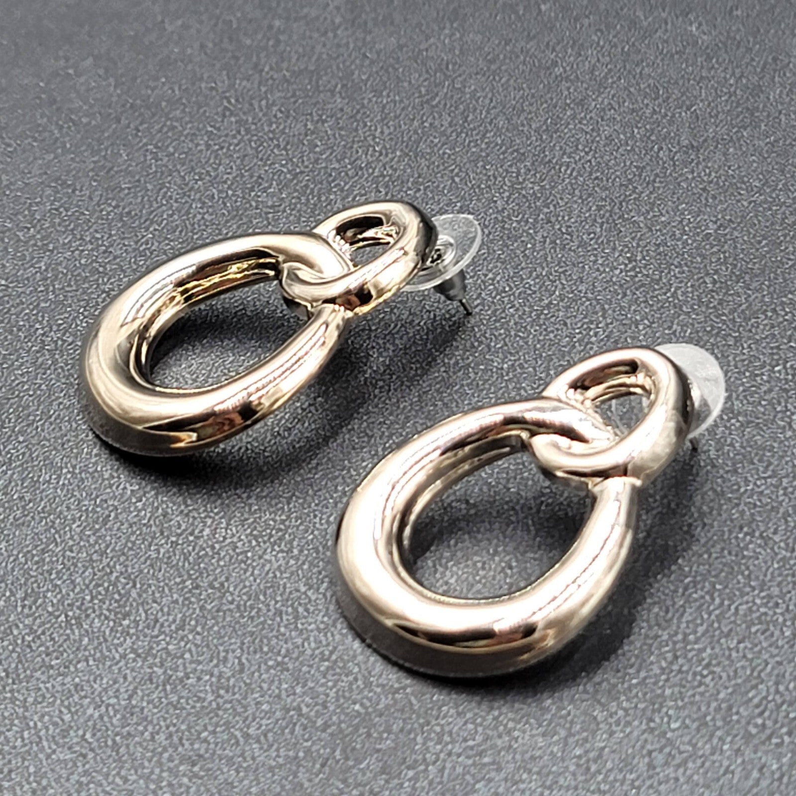Pierced Earrings High Polish Silver tone Double Loop Drop 1 3/8"