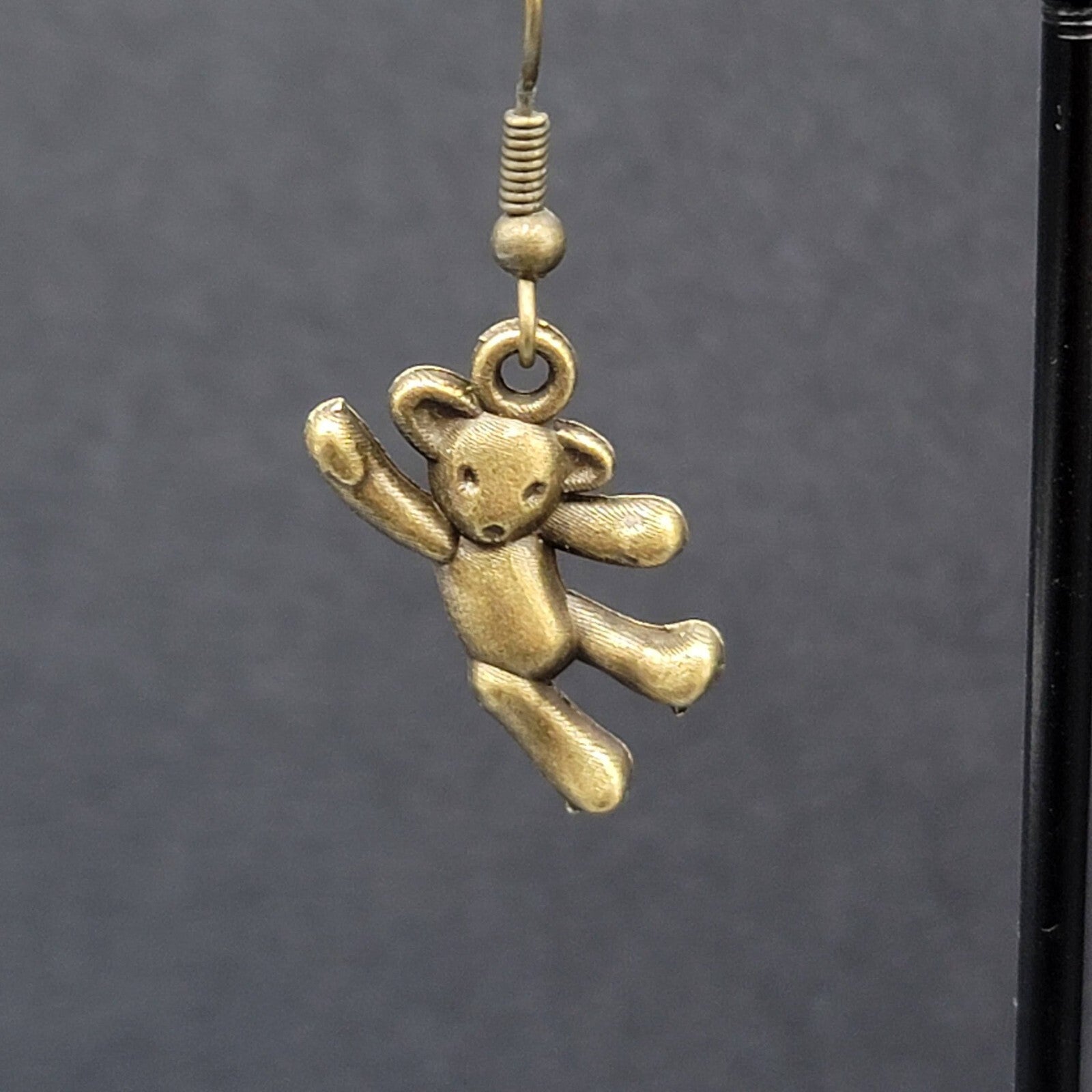 New Hanging Teddy Bear Pierced Earrings Bronze tone Dangle 7/8"
