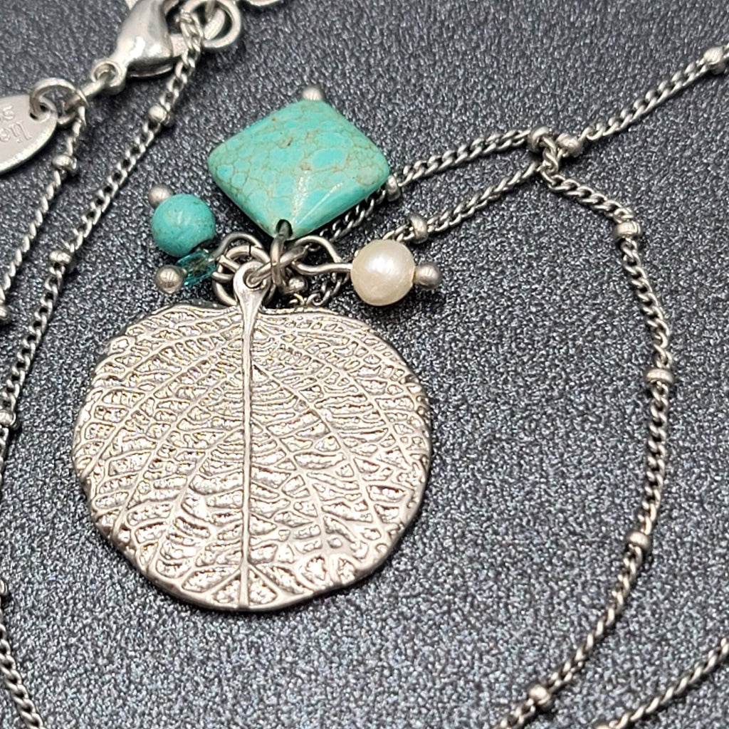 Lia Sophia Necklace Silver tone Leaf Pendant Dyed Blue Howlite Stone 16"-18"