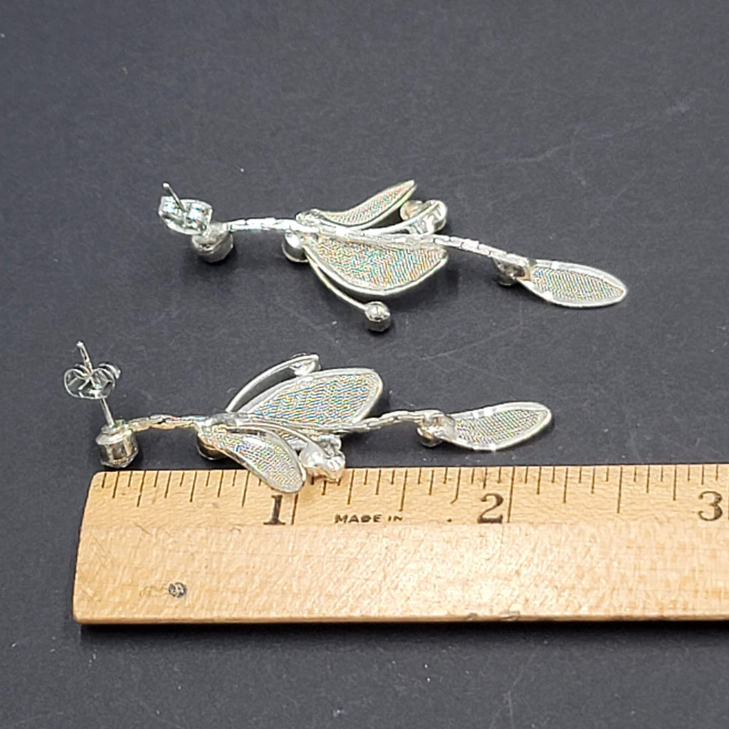 Mesh Rhinestone Pierced Earrings Silver tone Dangle  2 1/8"