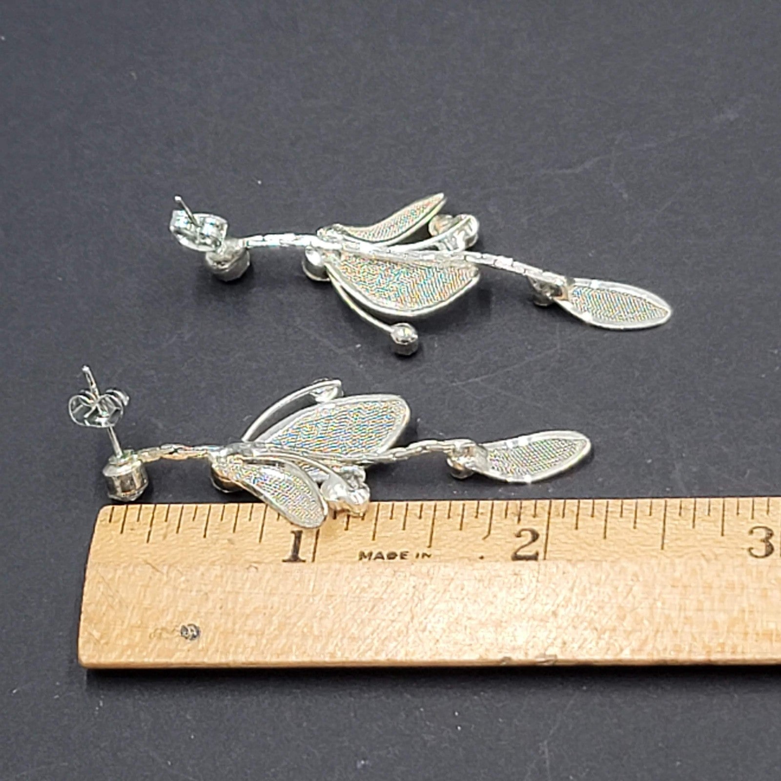 Mesh Rhinestone Pierced Earrings Silver tone Dangle  2 1/8"