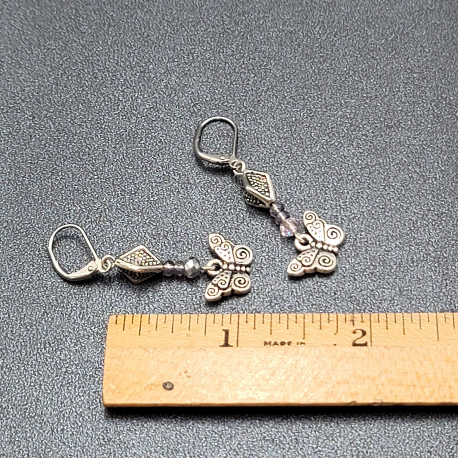 Butterfly Pierced Earrings Silver tone Purple Crystal Bead Dangle 1.25"