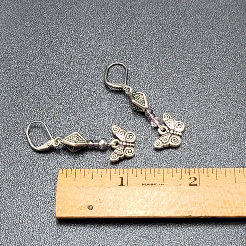 Butterfly Pierced Earrings Silver tone Purple Crystal Bead Dangle 1.25"