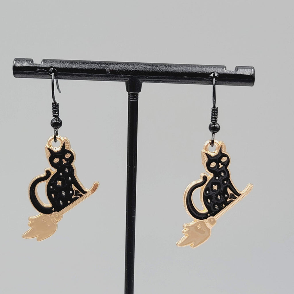 Black Cat Riding Broom Pierced Earrings Enamel Gold tone Dangle New 1"