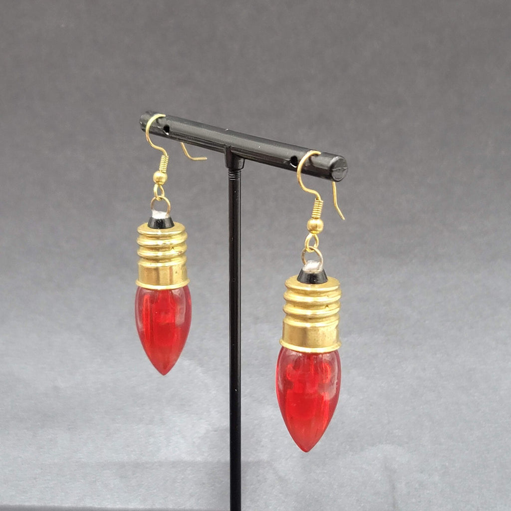 Christmas Pierced Earrings Gold tone Red Christmas Bulbs 1.75"