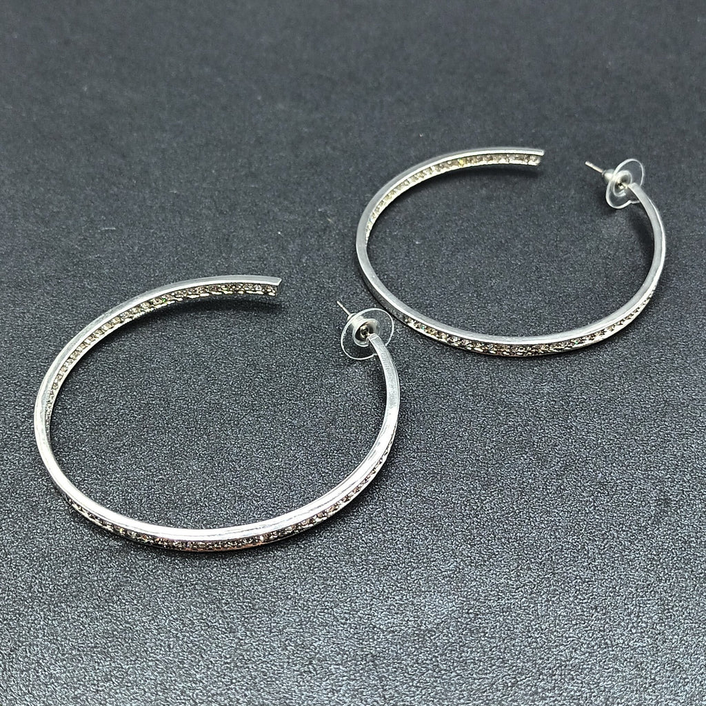 Pierced Earrings Silver tone Inside Outside Rhinestone Hoop 2 1/4"