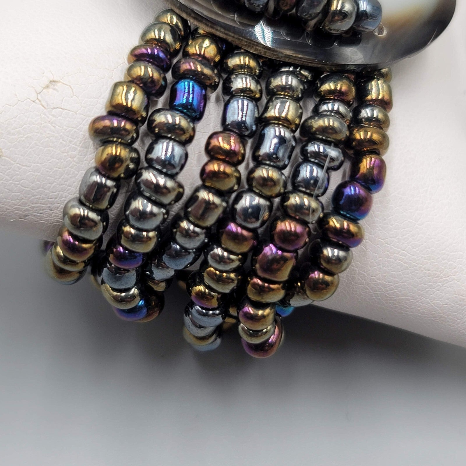 Multi Strand Glass Seed Bead Bracelet with Abalone Shell Ring Accent 6.75 in
