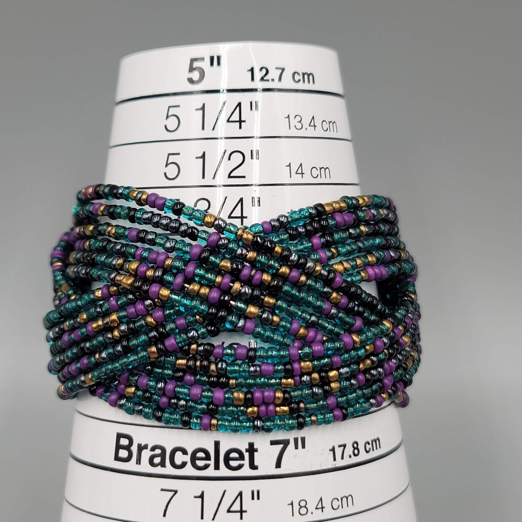 Vintage Cuff Bracelet Blue Purple Gold Seed Bead Woven