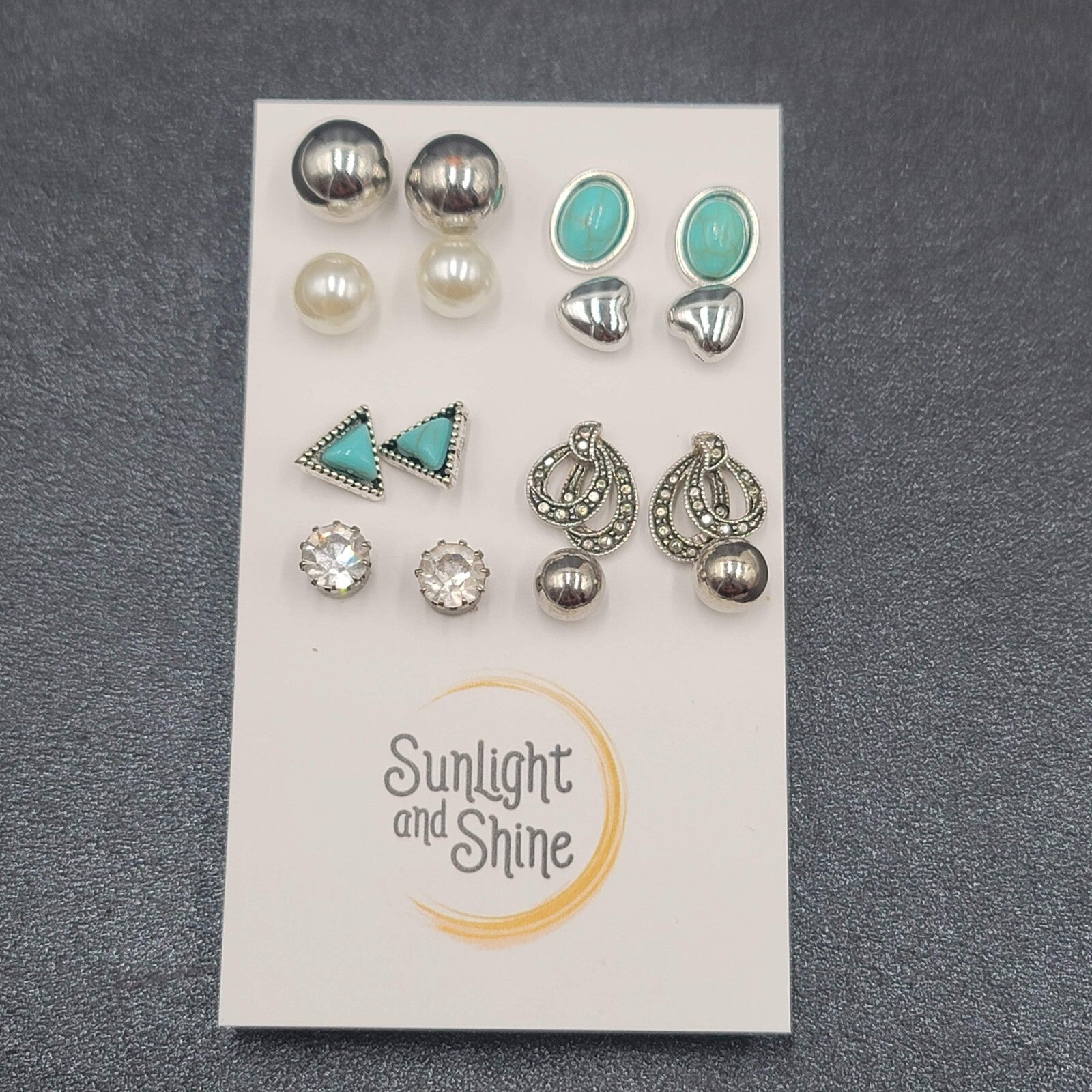 Lot of 8 Pierced Earrings Silver tone Studs Faux Turquoise Heart Marcasite