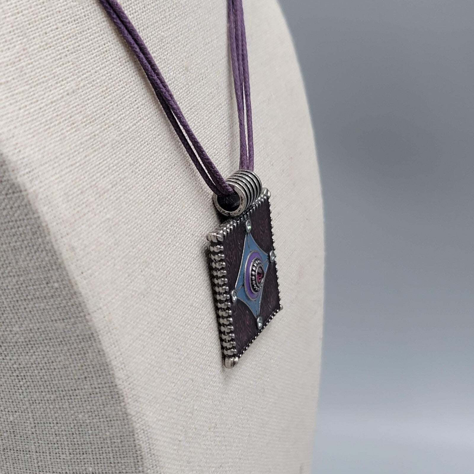 Lia Sophia Necklace Purple Cord Square Enamel Pendant Rhinestone  16"-19"
