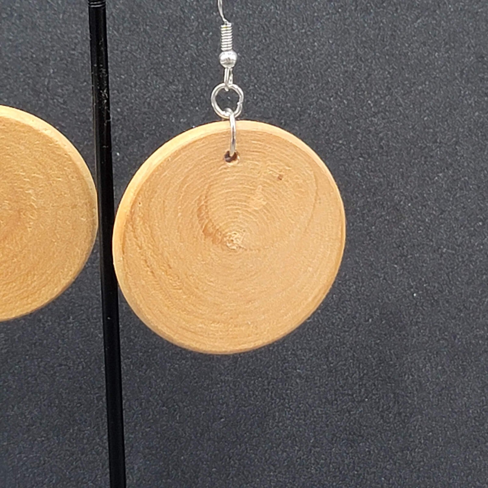 Pierced Earrings Silver tone Real Wood Discs Dangle Boho 1.5"