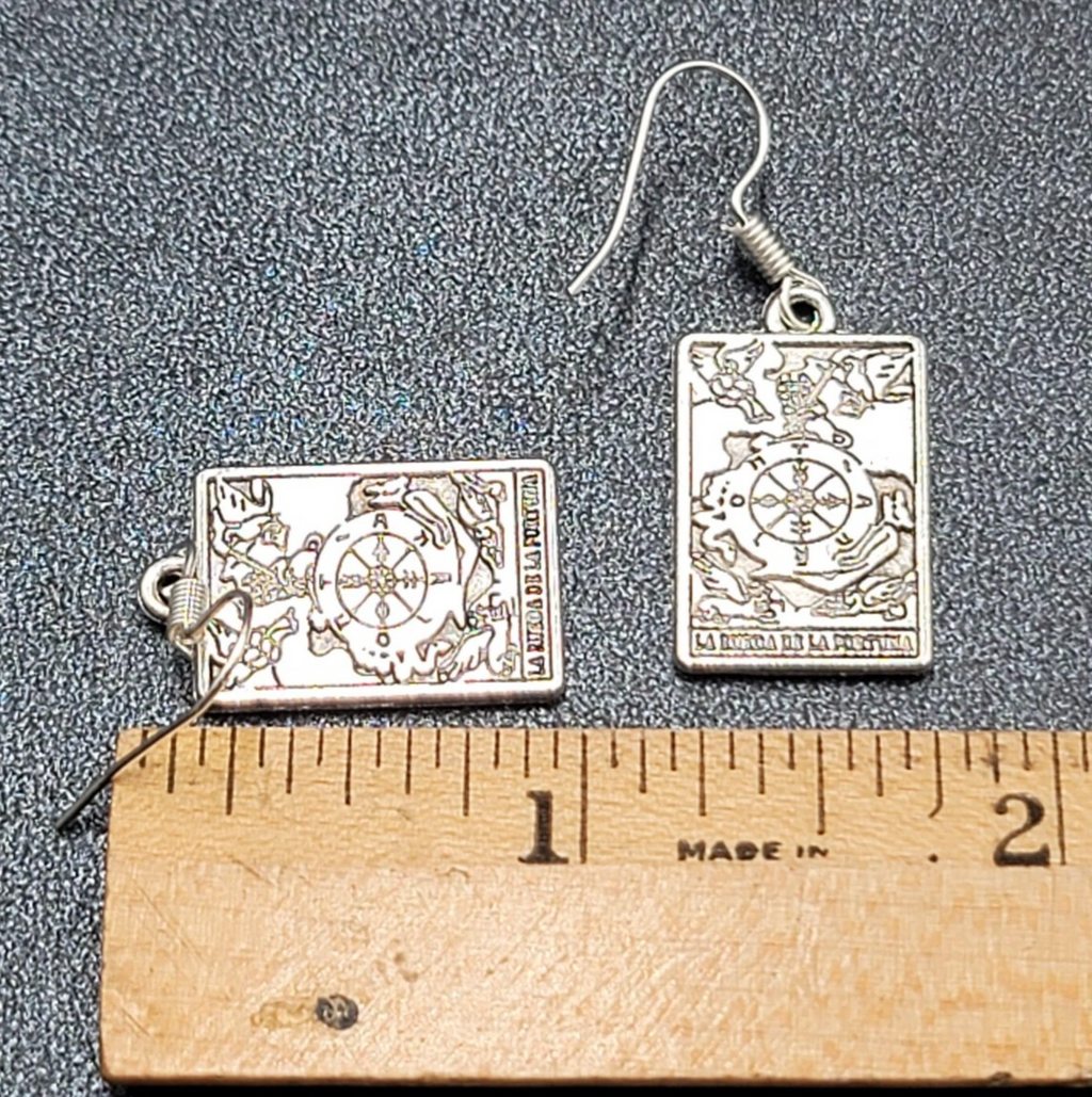 La Rueda de la Fortuna Tarot Card Pierced Earrings Silver tone 1"