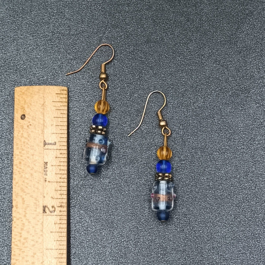 Pierced Earrings Wedding Cake Art Glass Blue Beaded Gold tone Hook Dangle 1 1/8'