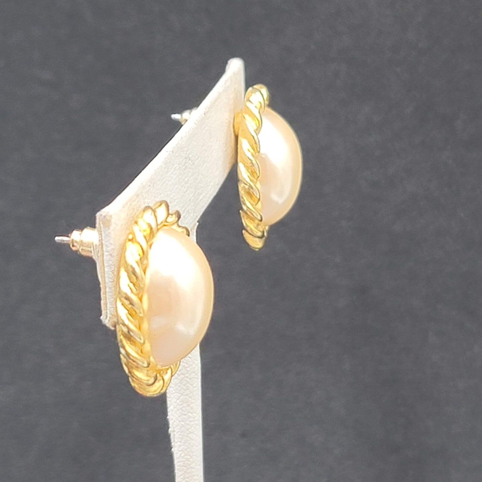 SC Pierced Earrings Gold Plated White Cabochon  7/8"