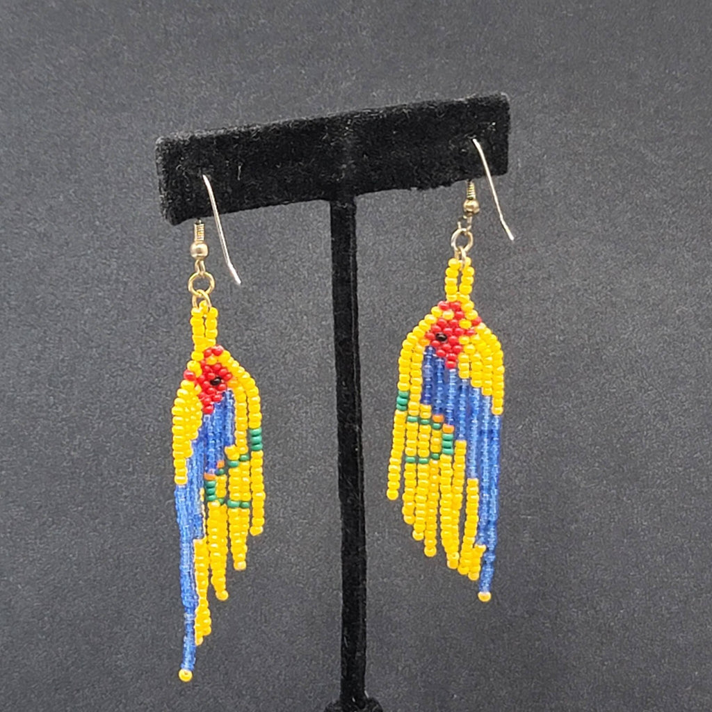 Vintage Pierced Earrings Yellow Seed Bead Parrot Bird Dangle 2.75"