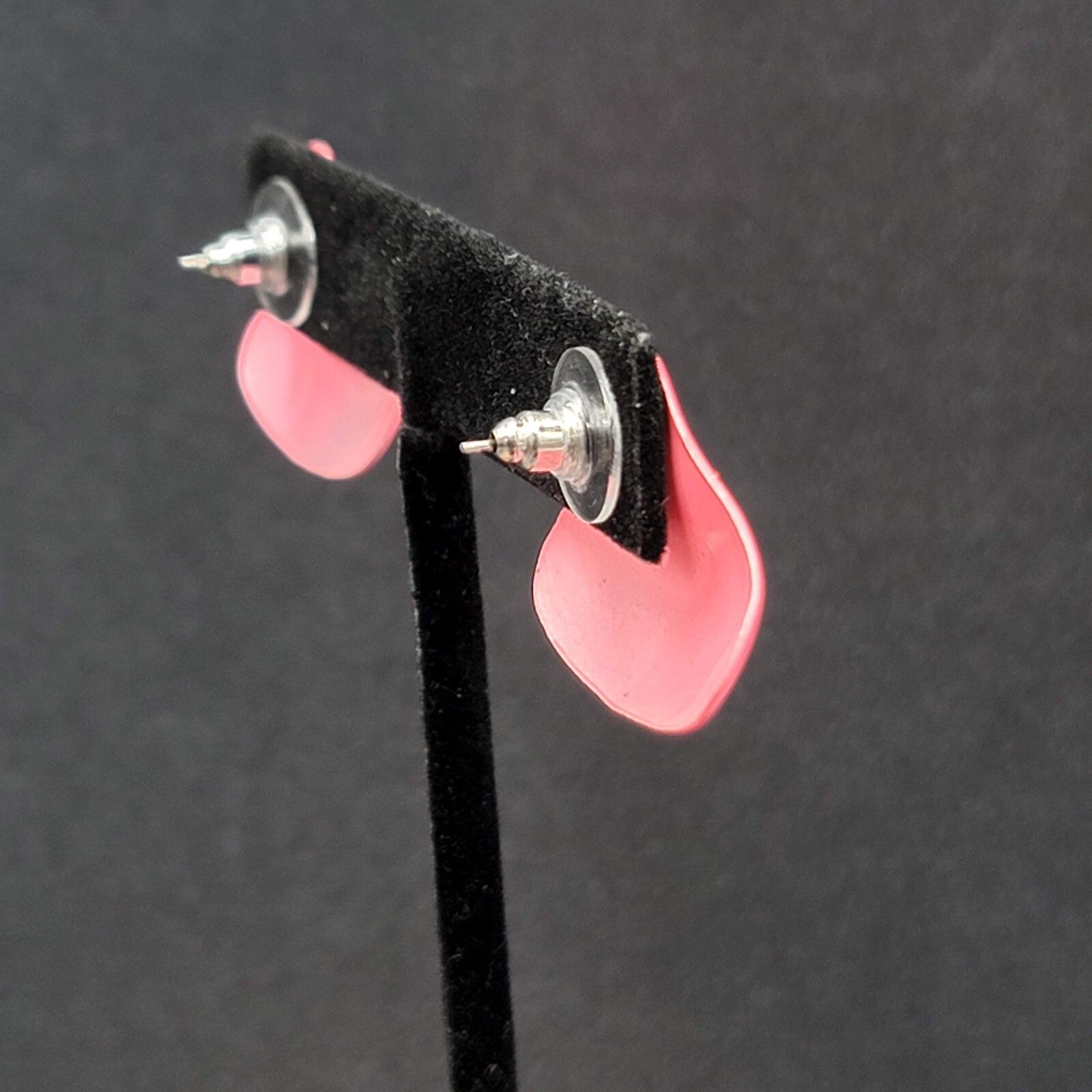 Vintage Pierced Earrings Pink Enamel Triangle Drop 1"
