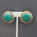 Vintage Pierced Earrings Large Gold tone Green Enamel Statement Round 1 3/8"