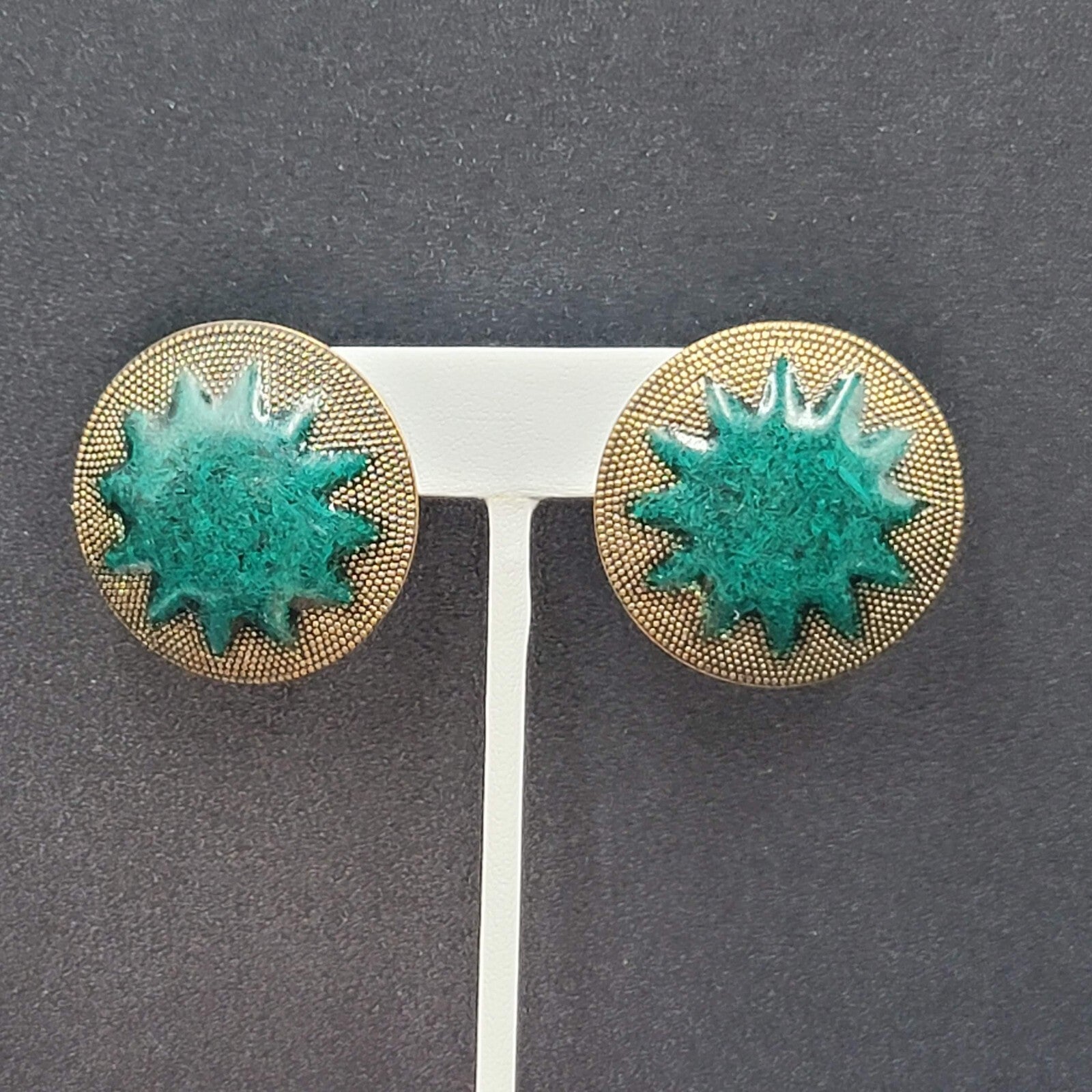 Vintage Pierced Earrings Large Gold tone Green Enamel Statement Round 1 3/8"
