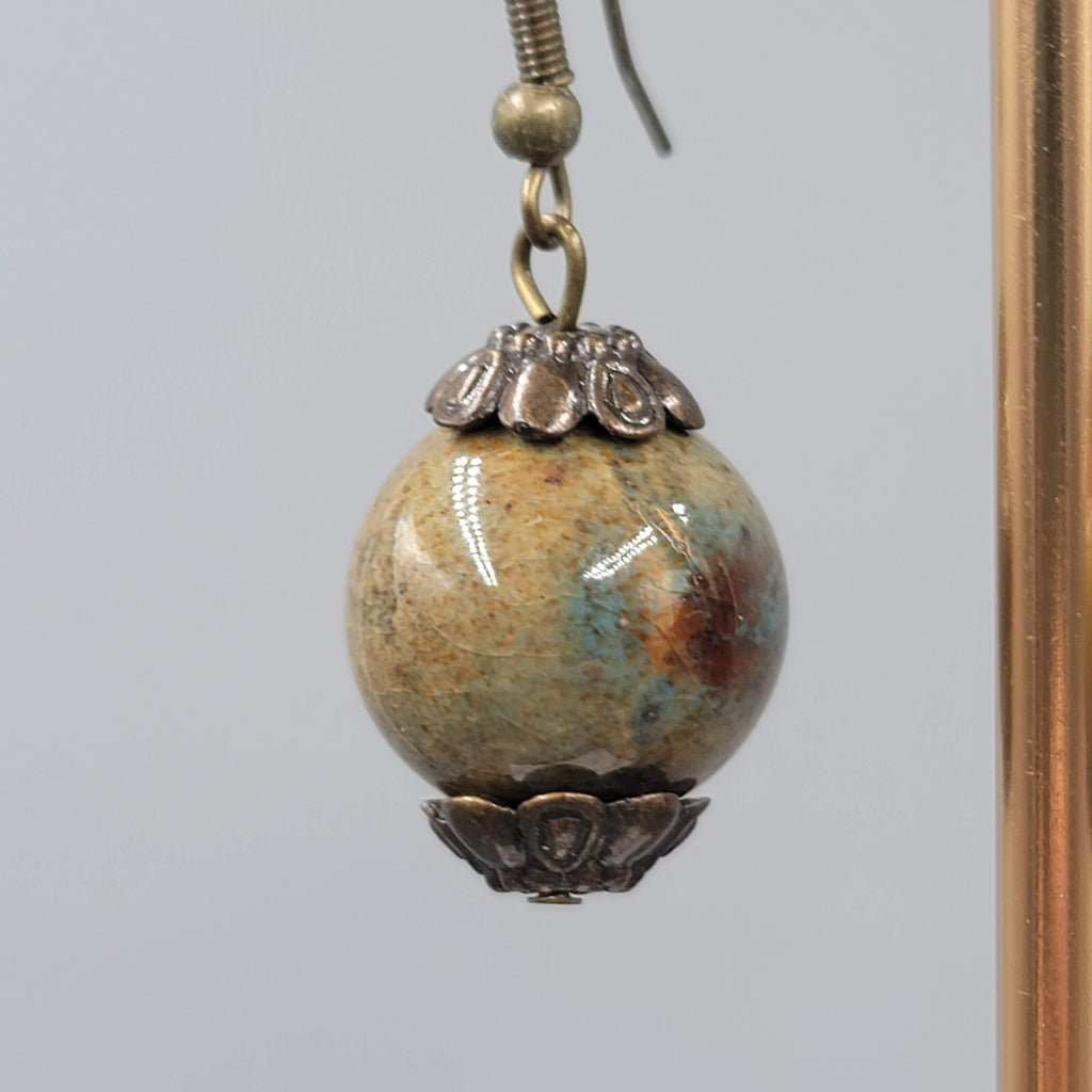 Ceramic Green Bead Pierced Earrings Bronze tone Dangle 1"