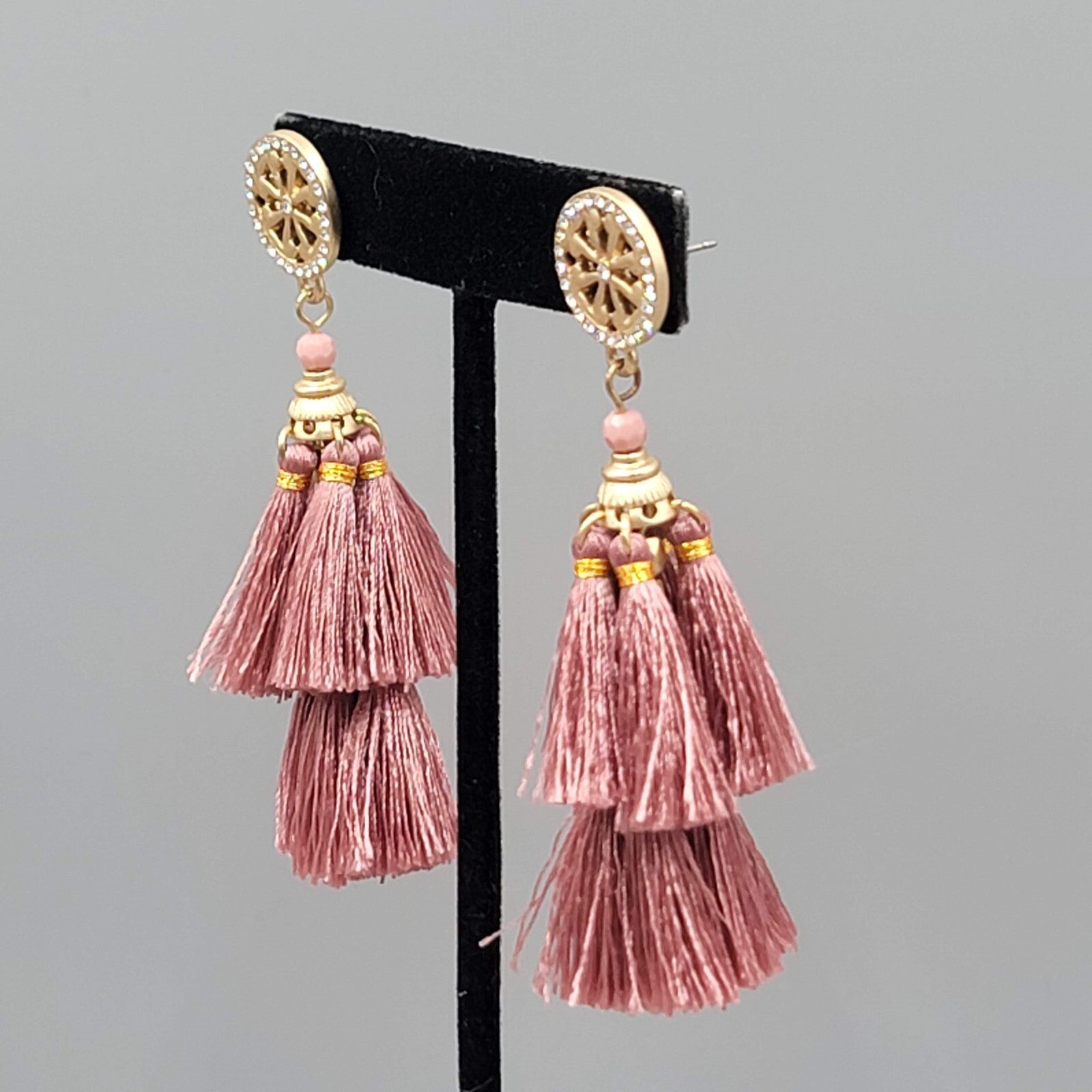 Pink Tassel Pierced Earrings Gold ton e Crystal Dangle 3"