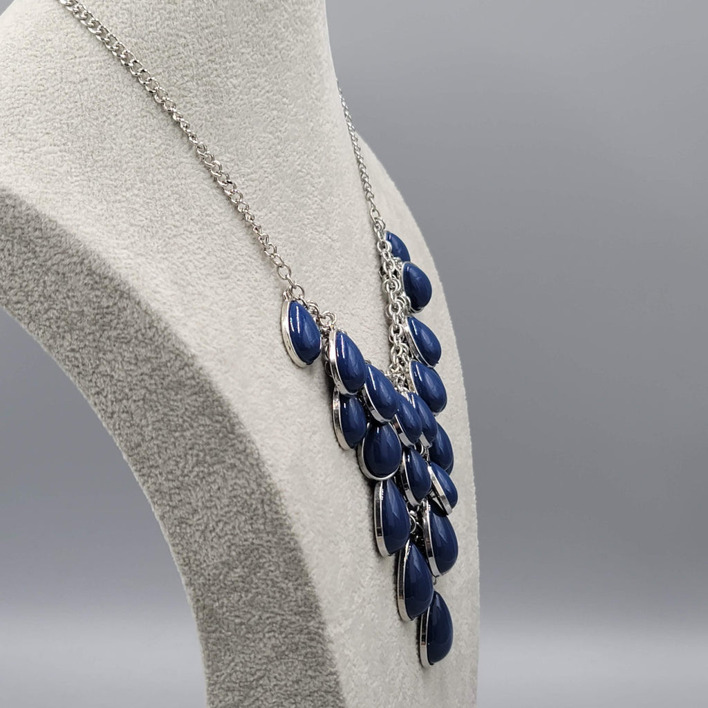 Blue Teardrop Waterfall Necklace Silver tone 16"-18"