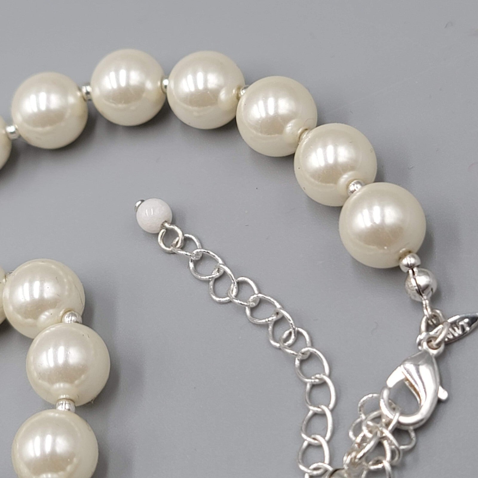 White Beads Silver tone Rhinestone Necklace and Bracelet Set Faux Pearl