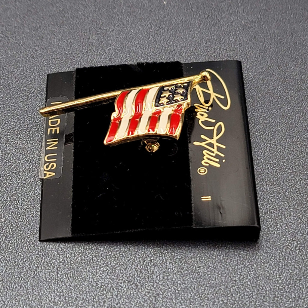 New Signed Birch Hill Brooch American Flag Enamel Gold Tone Pin Patriotic 2 in