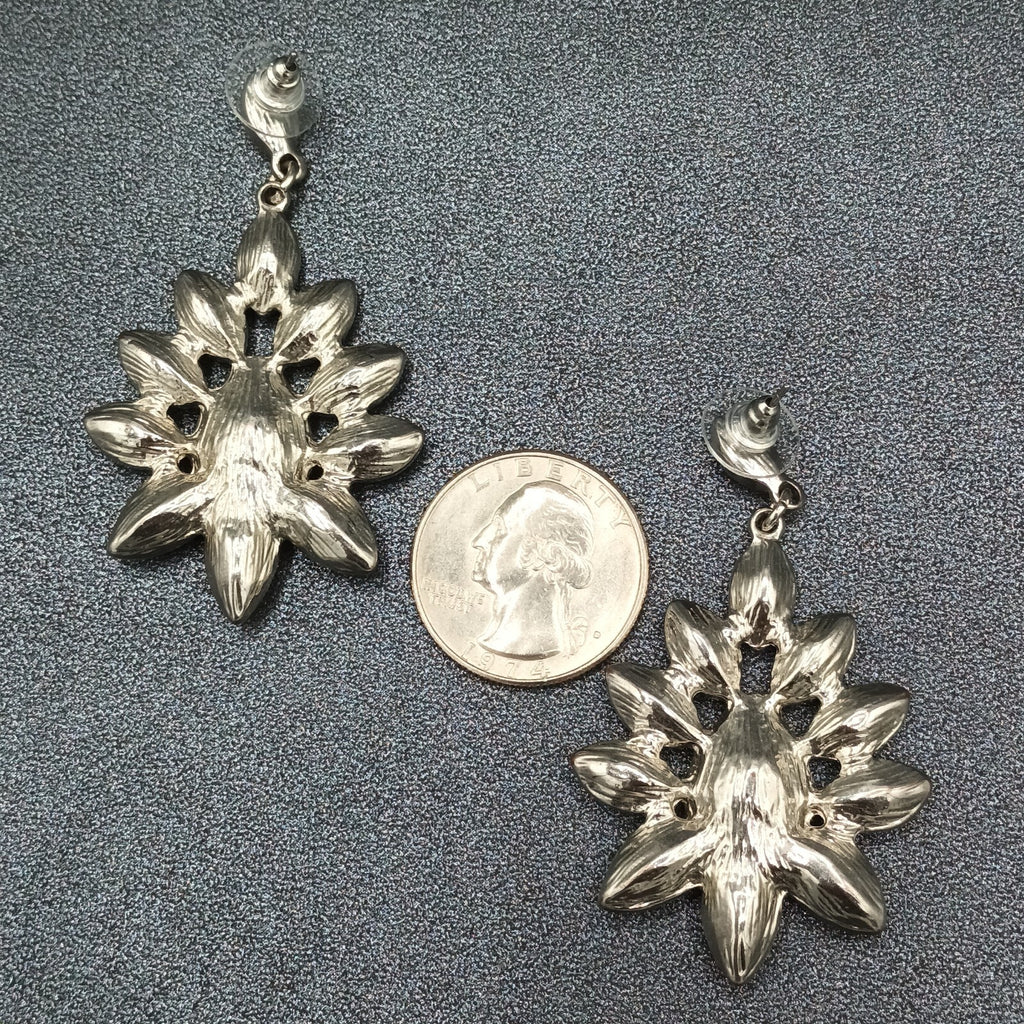 Pierced Earrings Silver tone Red Accent Chandelier Dangle 2.25"