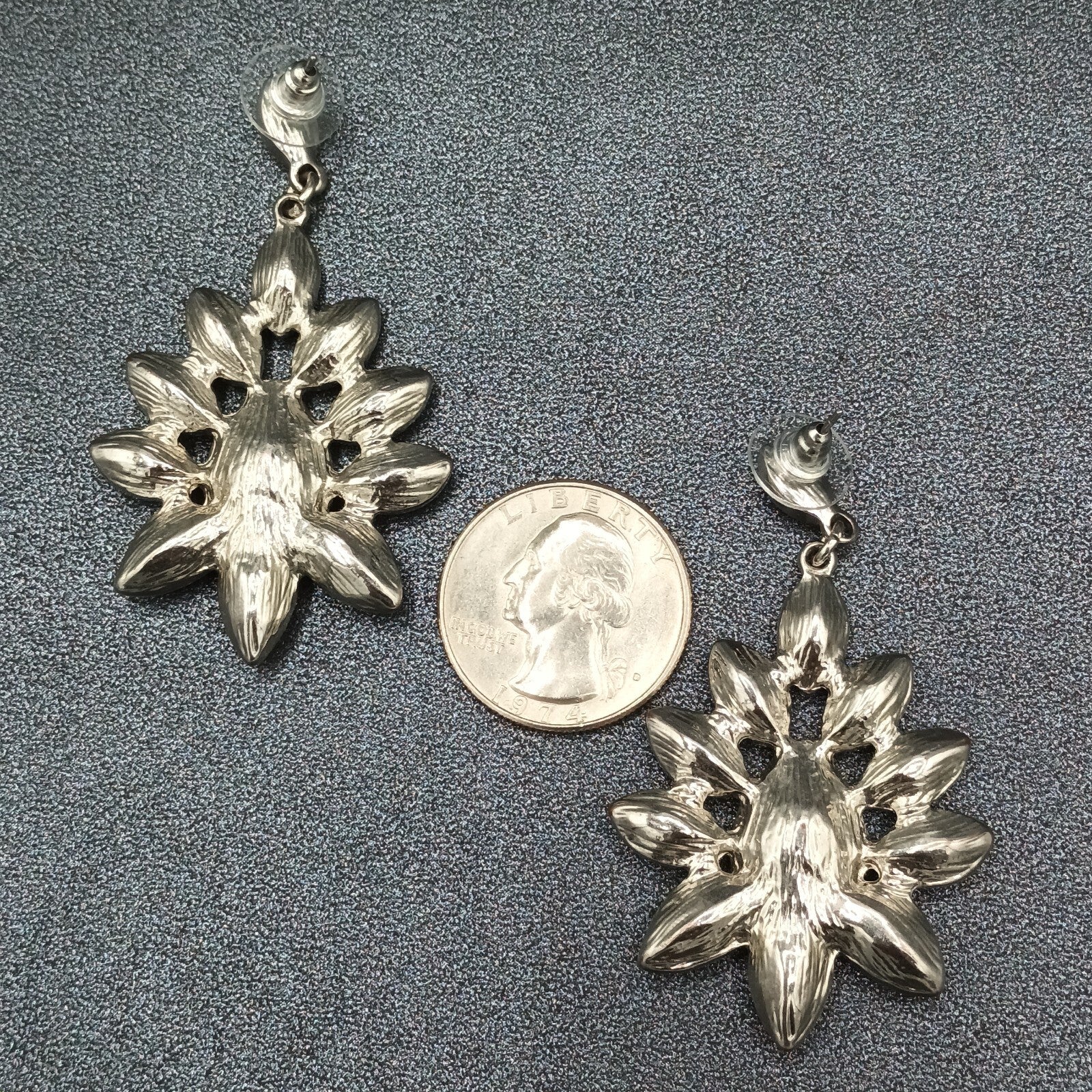 Pierced Earrings Silver tone Red Accent Chandelier Dangle 2.25"