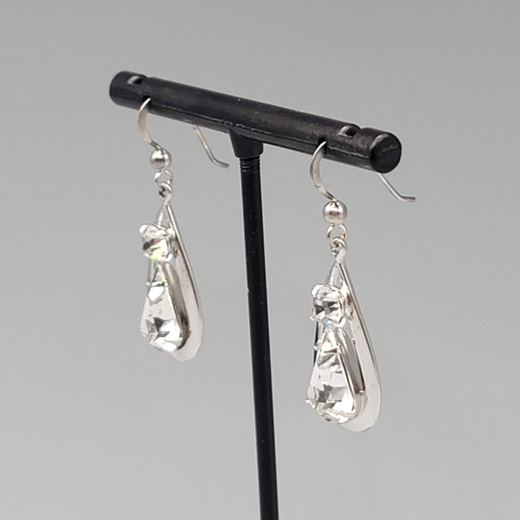 Dangle Crystal Pierced Earrings Silver tone Teardrop Sterling Hooks 1 1/8"