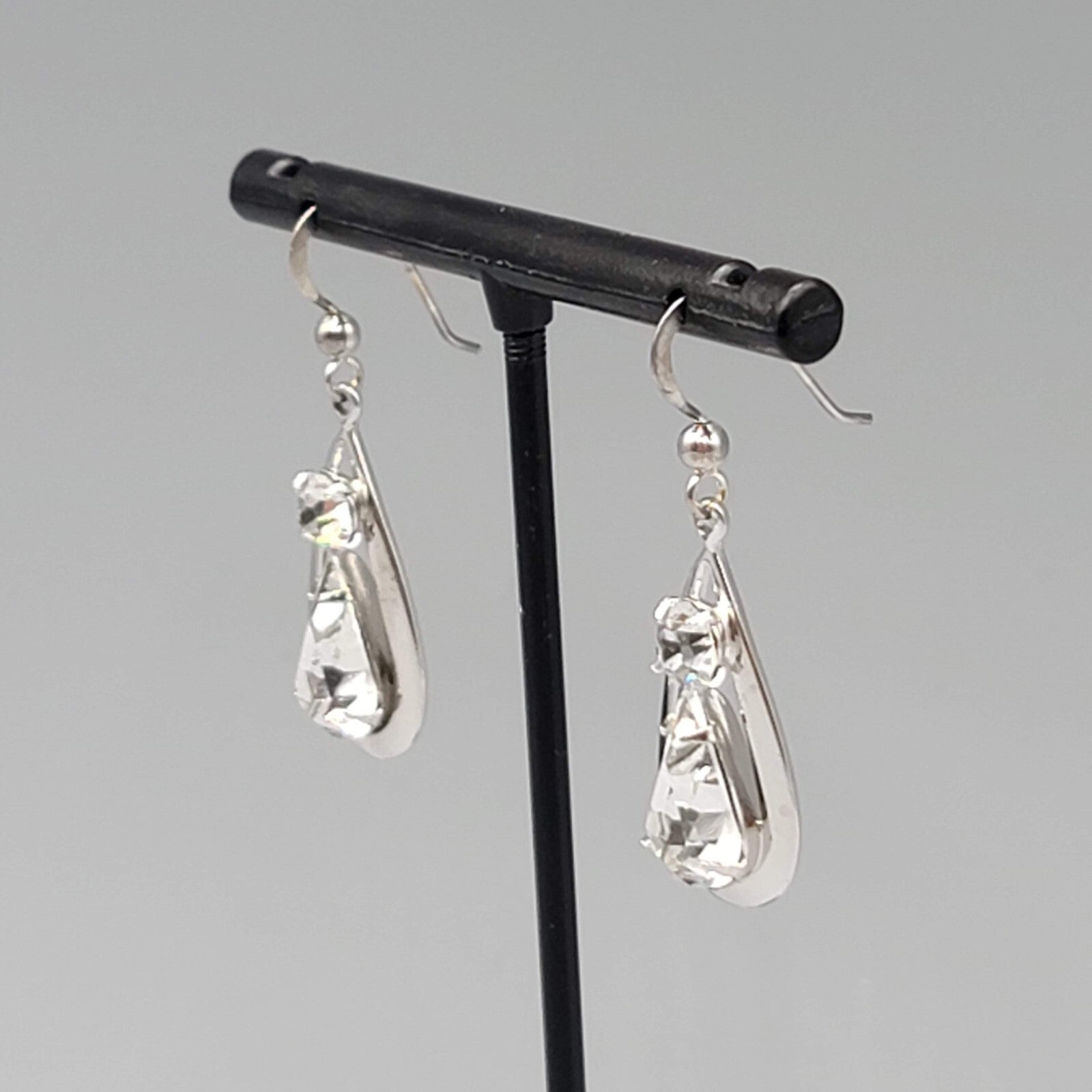 Dangle Crystal Pierced Earrings Silver tone Teardrop Sterling Hooks 1 1/8"