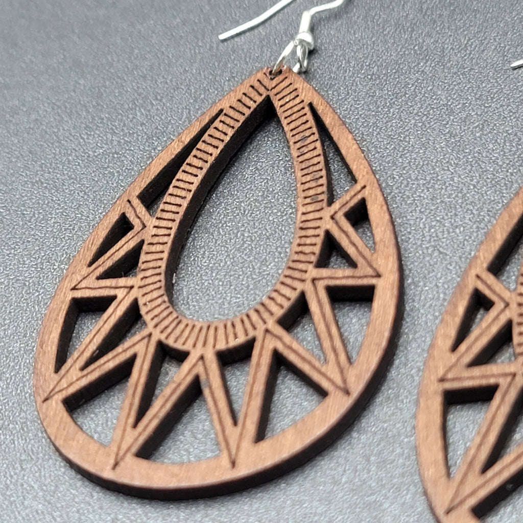 Boho Wood Pierced Earrings Laser Cut Open Teardrop 2.5"