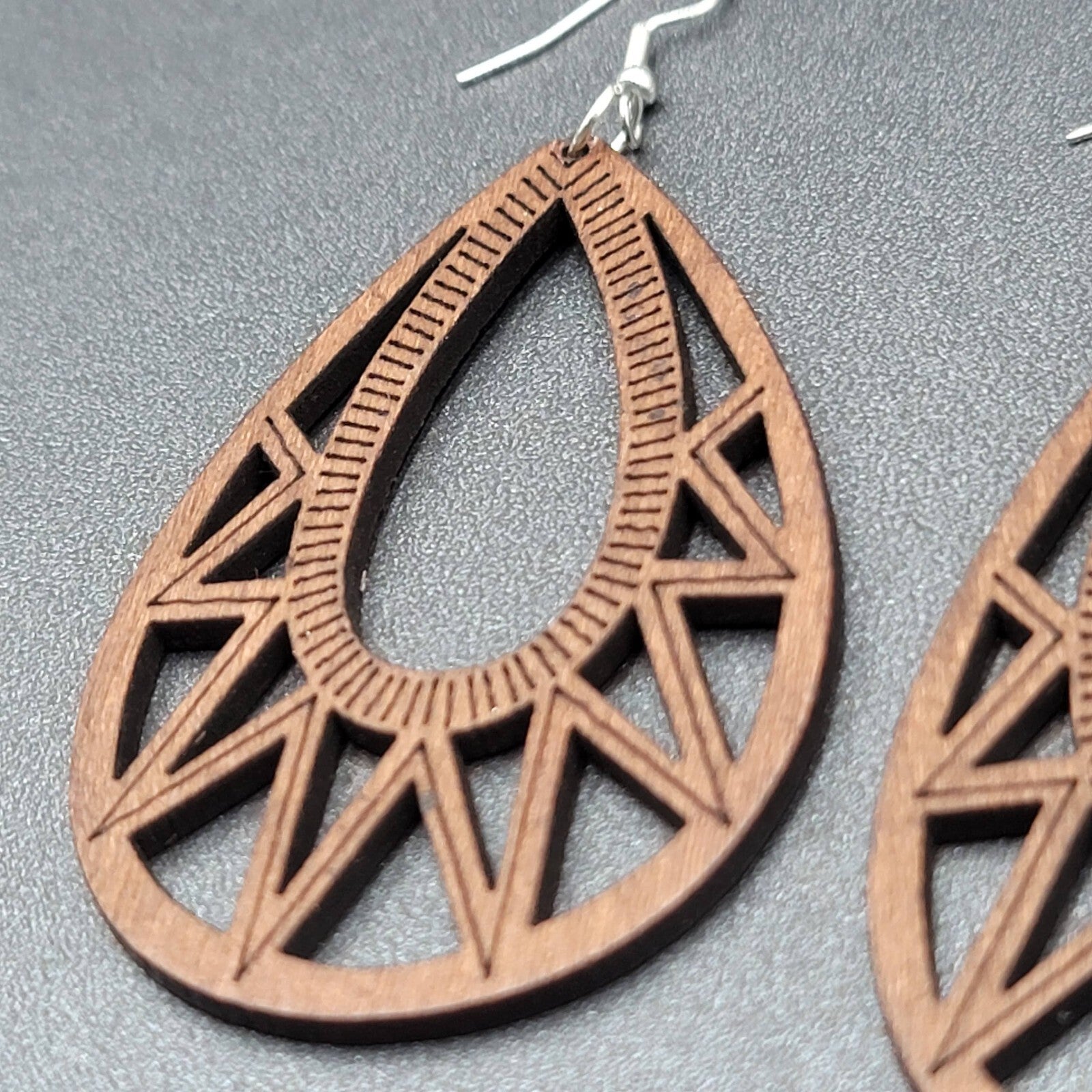 Boho Wood Pierced Earrings Laser Cut Open Teardrop 2.5"