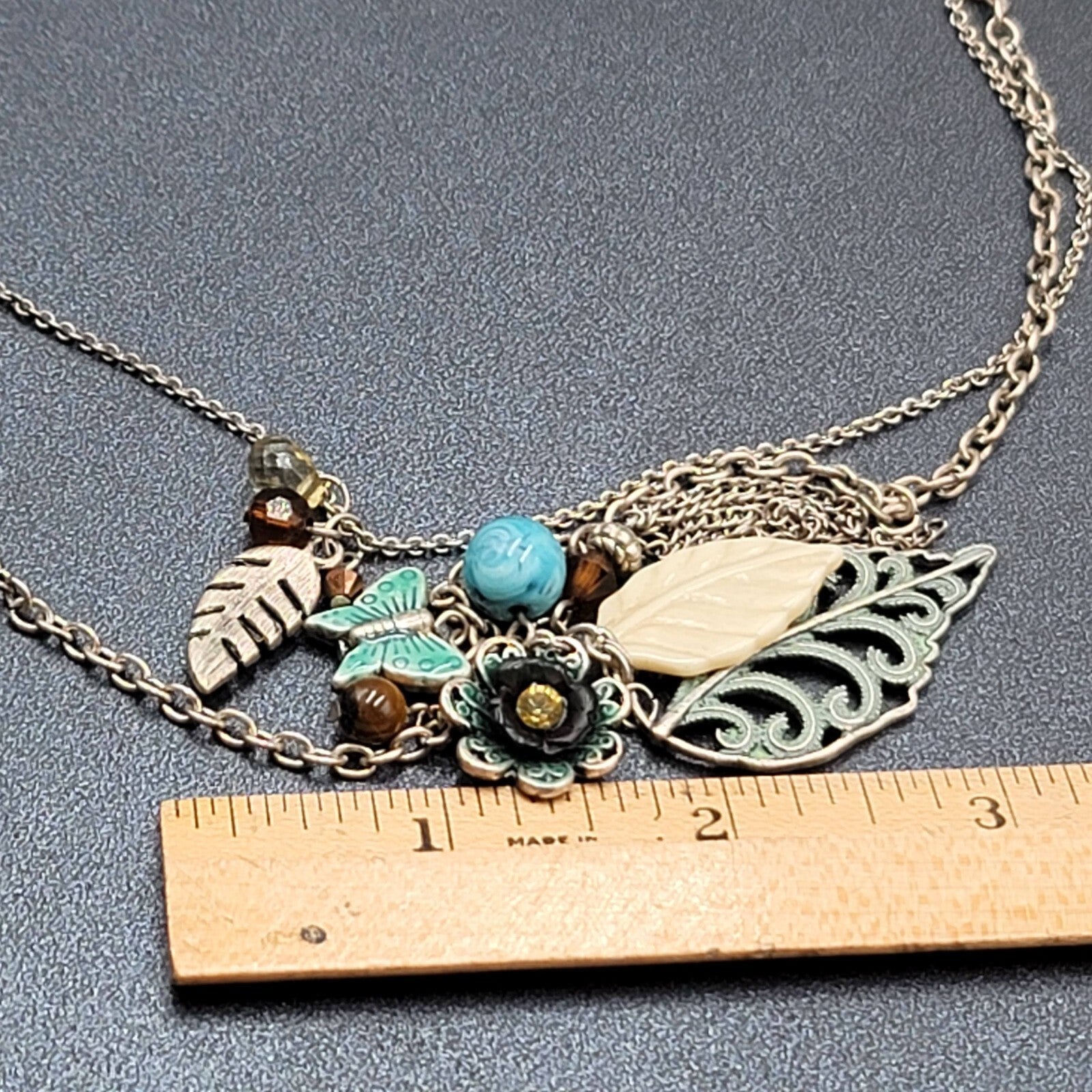 Boho Charm Necklace Layered Double Chain Silver tone Butterfly Leaf Enamel 16"